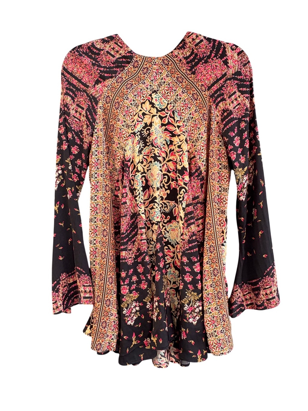 Bohemian Free People Floral Black & Pink Long-Sleeve Tunic Top